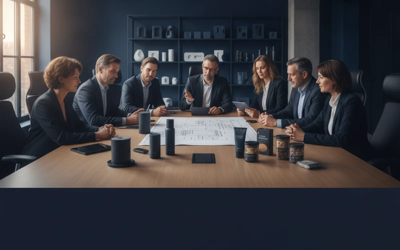 Leadership steering objectives and KPIs with real products on the table