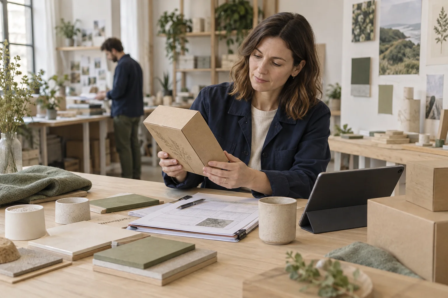 A quality specialist reviews packaging with supplier evidence and a tablet at hand.