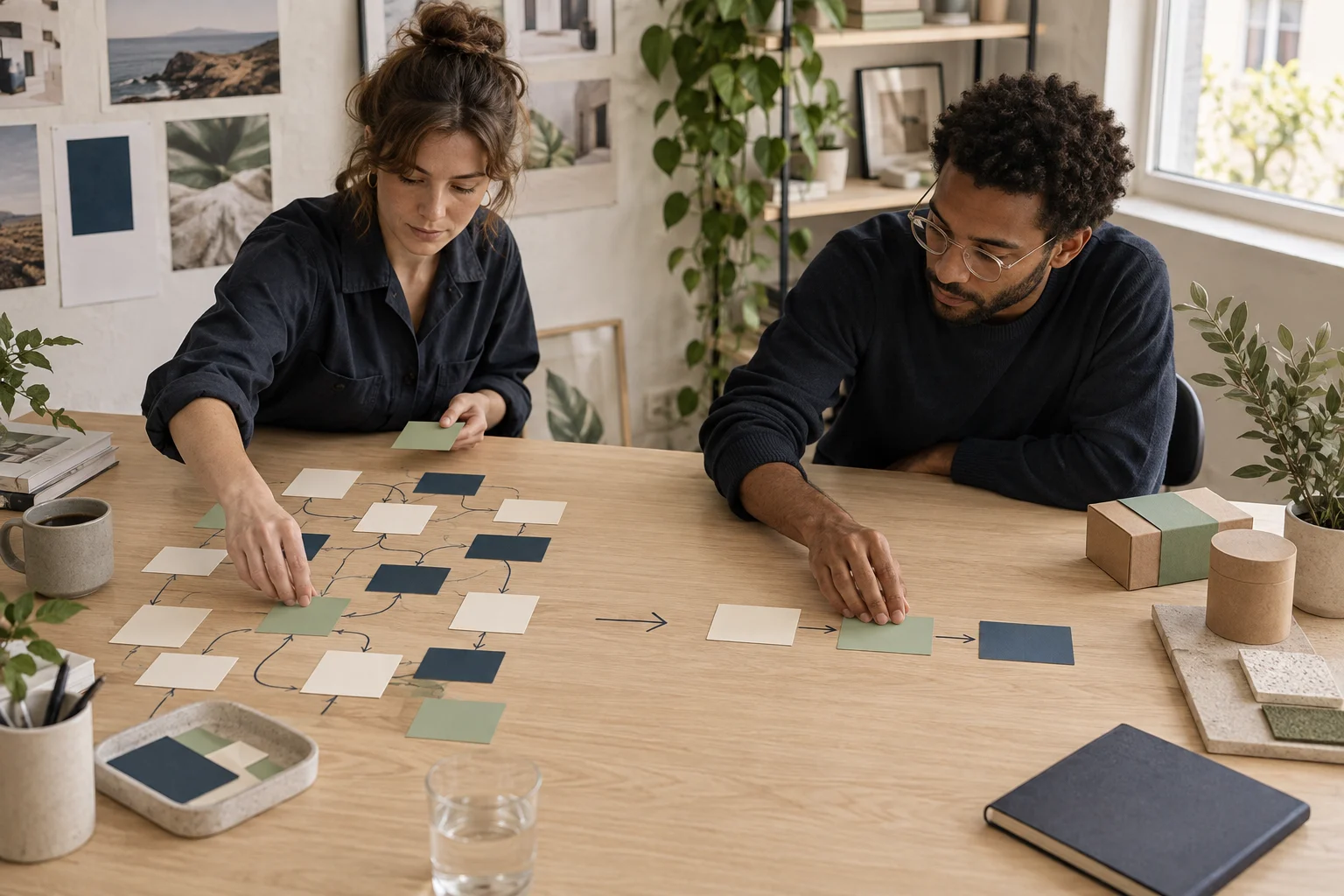 Two colleagues rearrange process cards from a complex workflow into a simpler path.