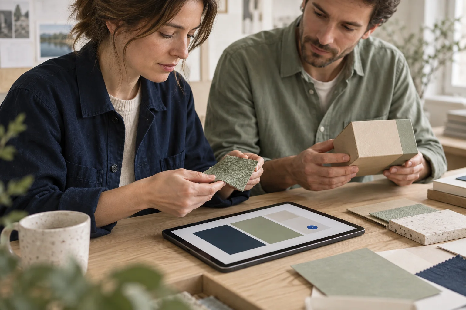 Product specialists compare a material sample with prepared information on a tablet.