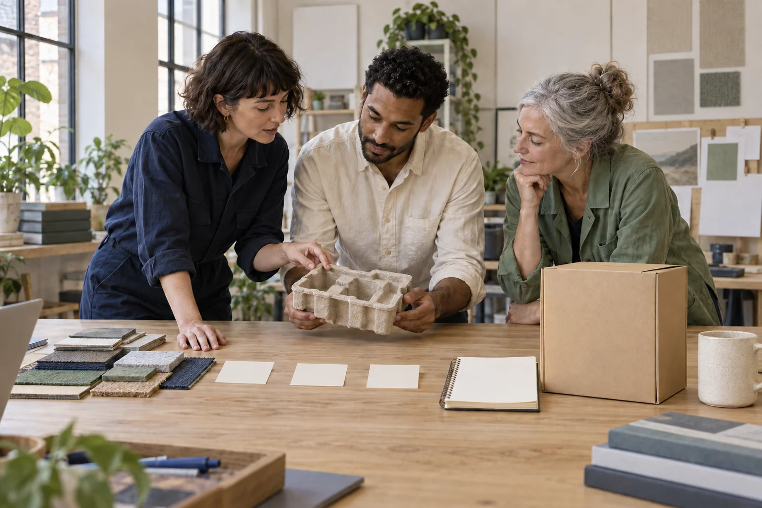 Supplier, manufacturer and retailer colleagues review materials and packaging together.