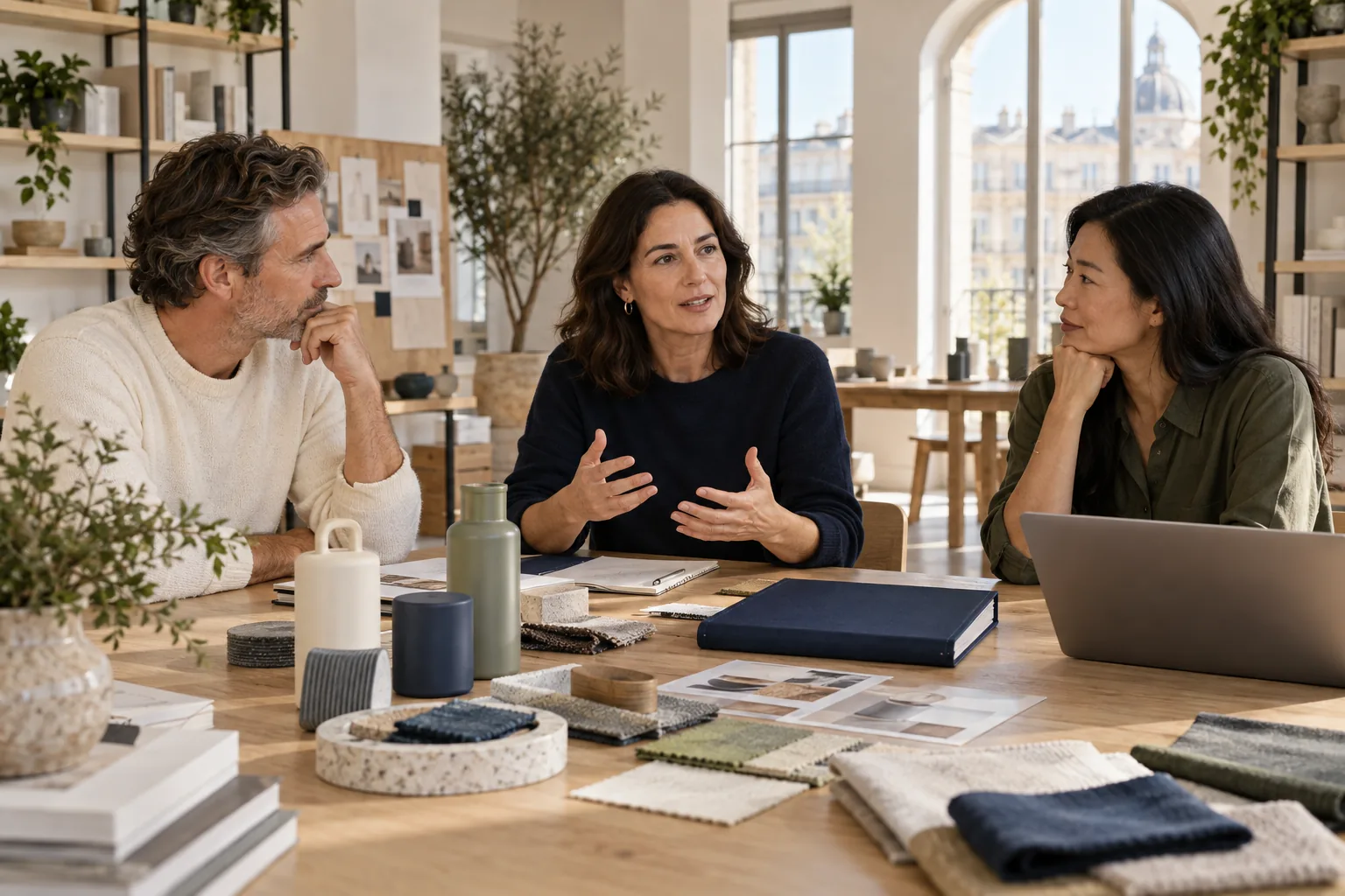 Product-company leaders discussing their direction with physical samples on the table