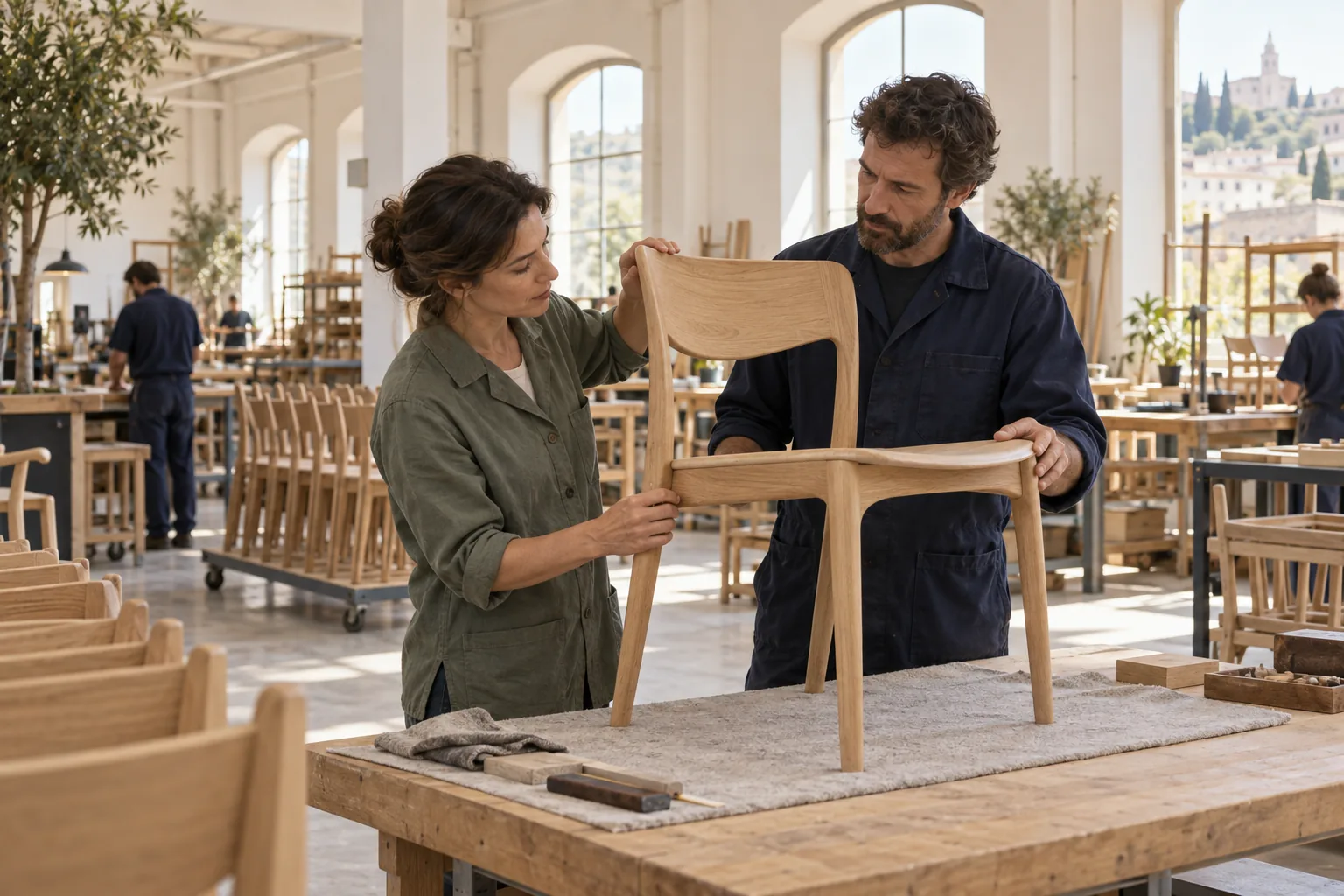 A production lead and technician inspecting an oak chair in a furniture workshop