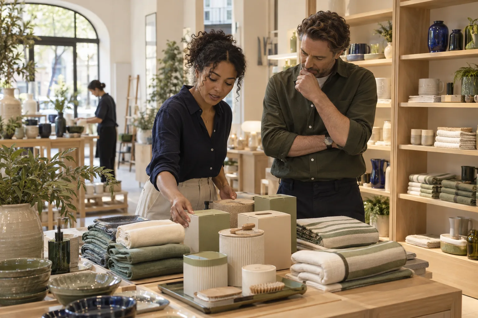 Retail colleagues reviewing product packaging and textiles before launch