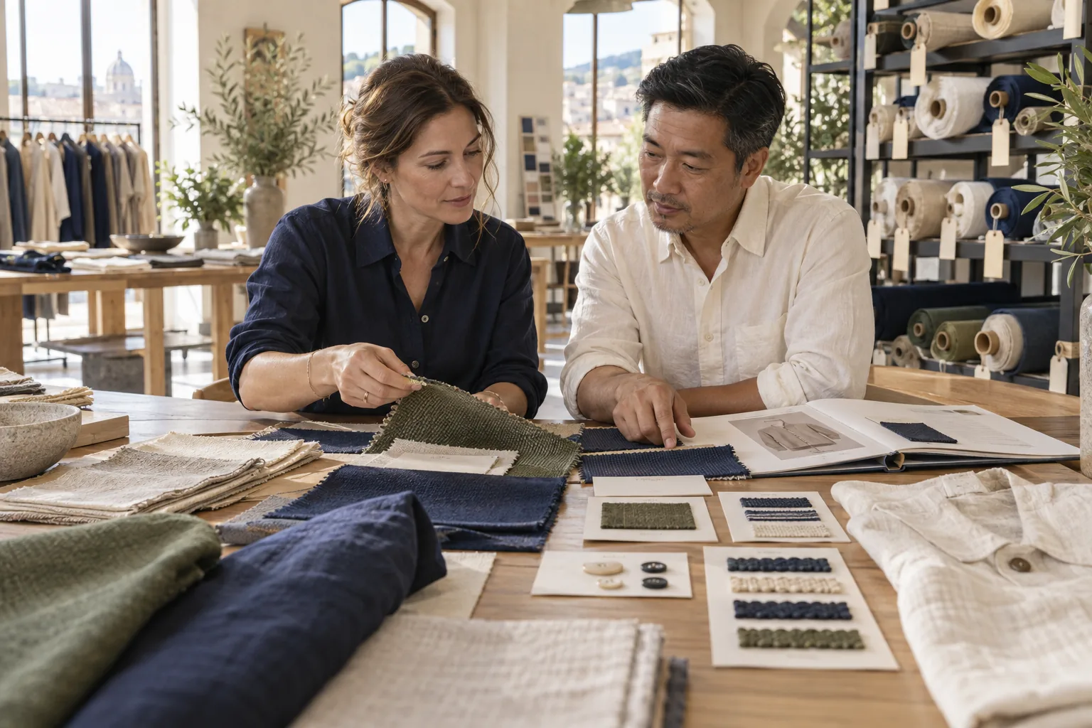 A sourcing specialist and supplier representative reviewing fabric samples