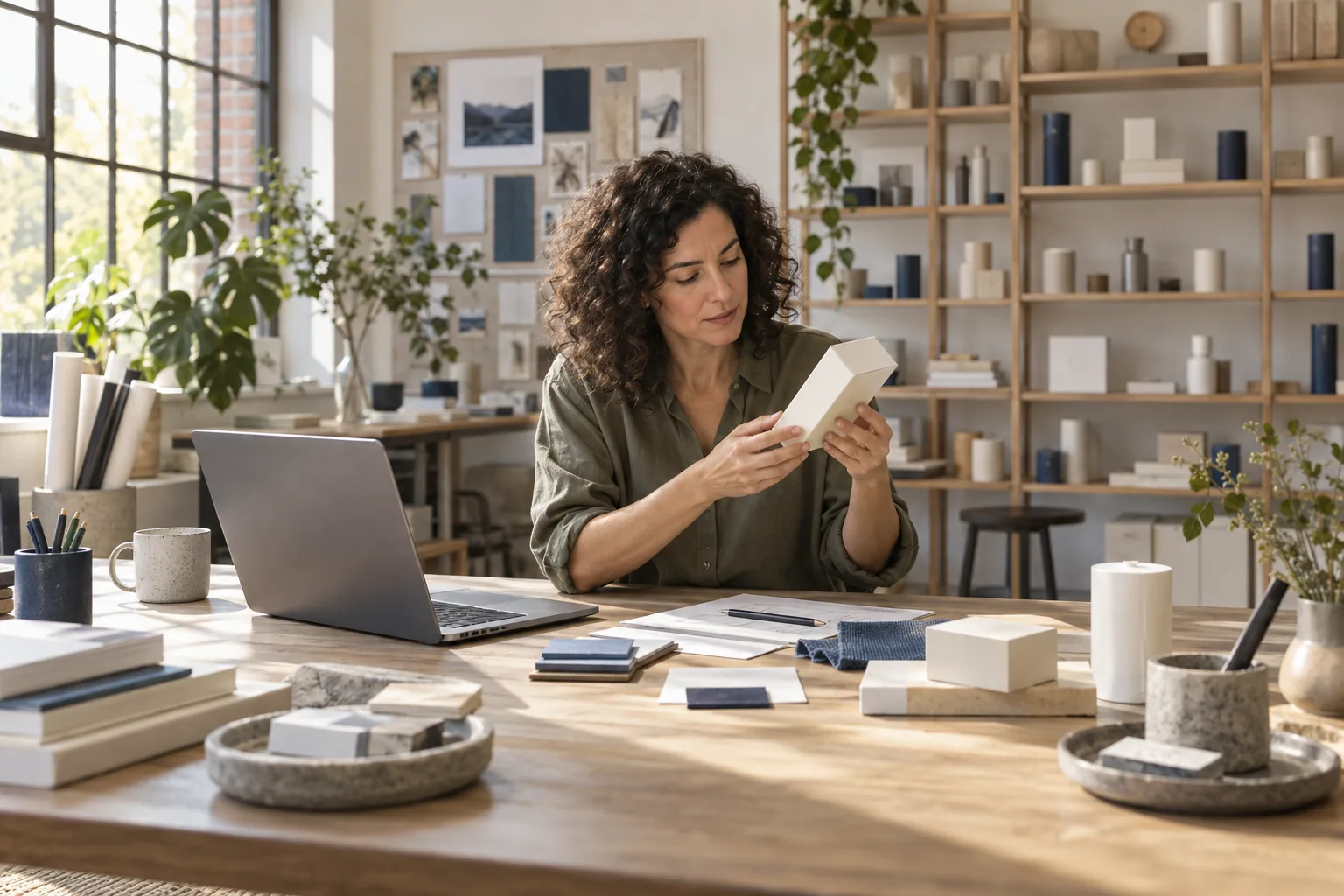 Product specialist examining a packaging prototype at her workbench