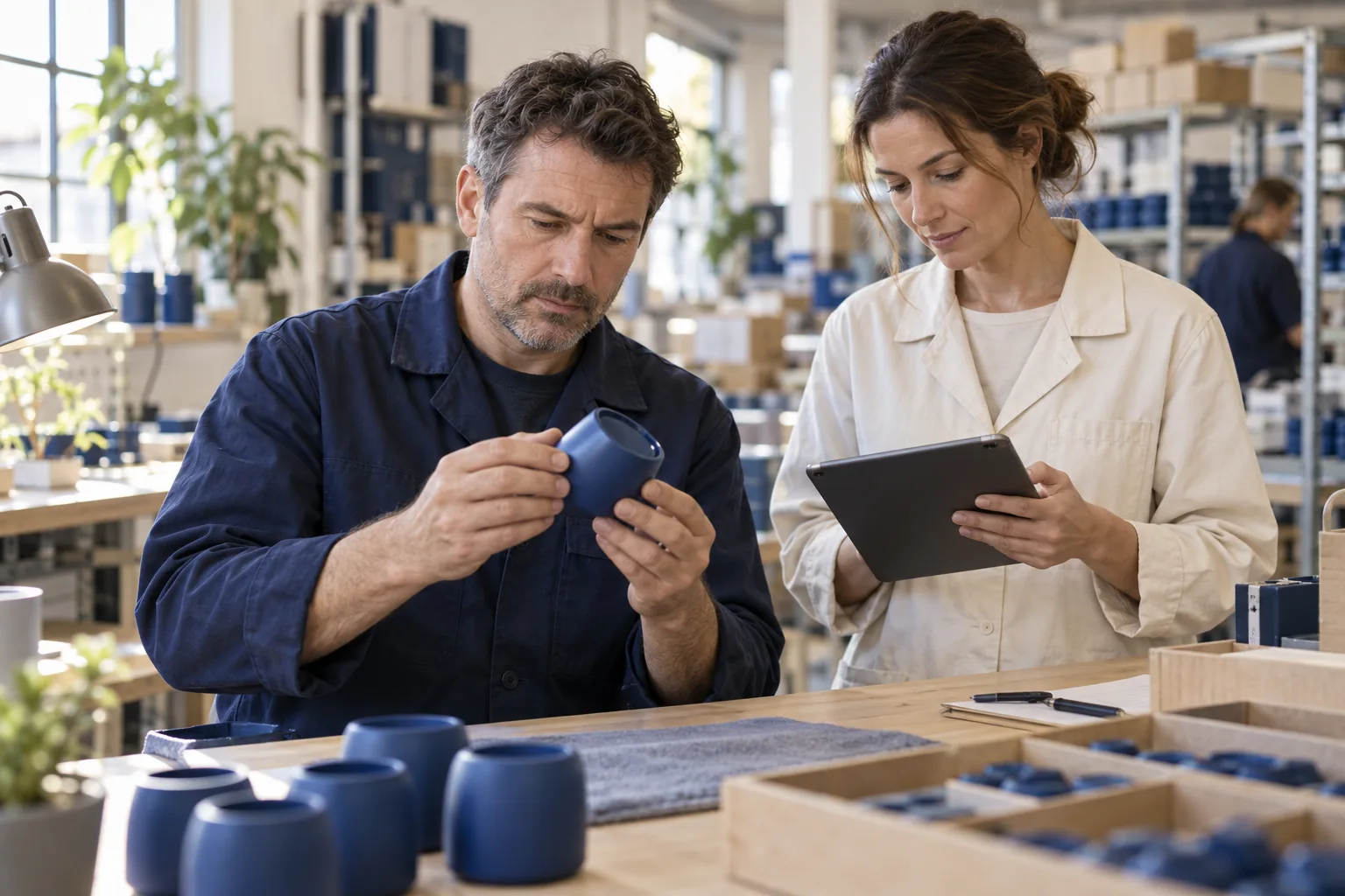 Quality specialists inspecting a ceramic product and checking a tablet