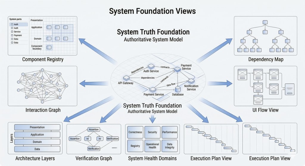 System truth foundation views: component registry, interaction graph, architecture layers, verification graph, system health domains, and execution plan views